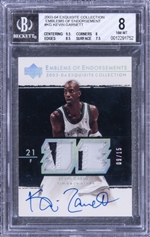 2003-04 UD "Exquisite Collection" Emblems of Endorsement #KG Kevin Garnett Signed Game Used Patch Card (#09/15) – BGS NM-MT 8/BGS 10
